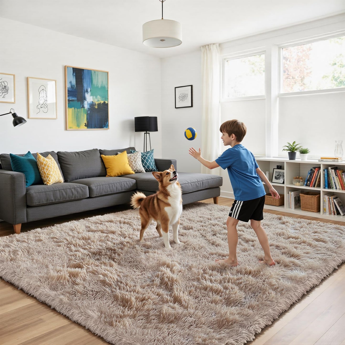 yongyangjuxin Fluffy Rug Shag Area Rug, Beige 8x10 Area Rugs for Living Room, Large Shag Area Rugs for Bedroom Kids Room Home Decor, Upgrade Anti-Skid Rectangular Fuzzy Rugs