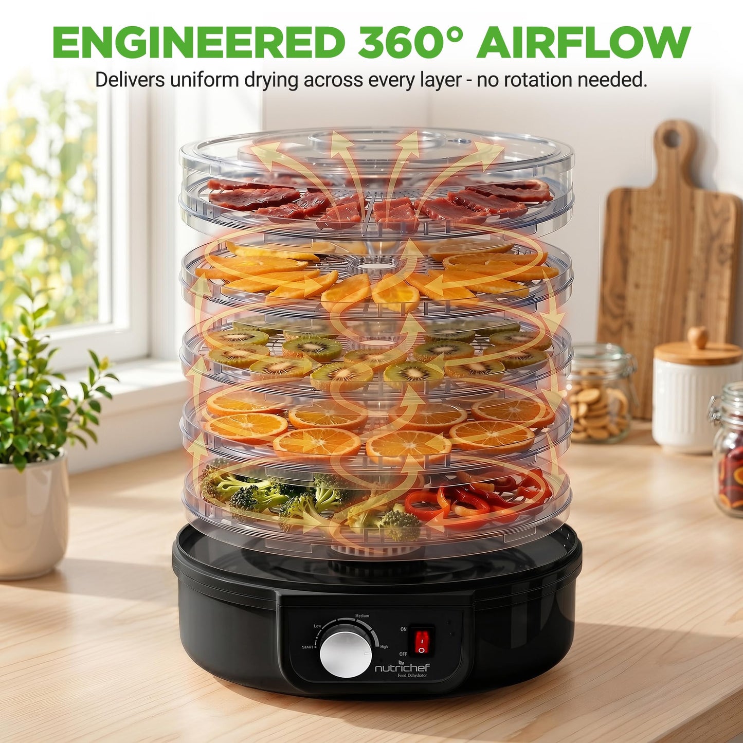 NutriChef Electric Countertop Food Dehydrator - Professional Multi-Tier Food Preserver - Dehydrates Fish, Meats, Mushrooms, Fruits & Vegetables - 5 Easy to Clean Stackable Trays., One Size, Black