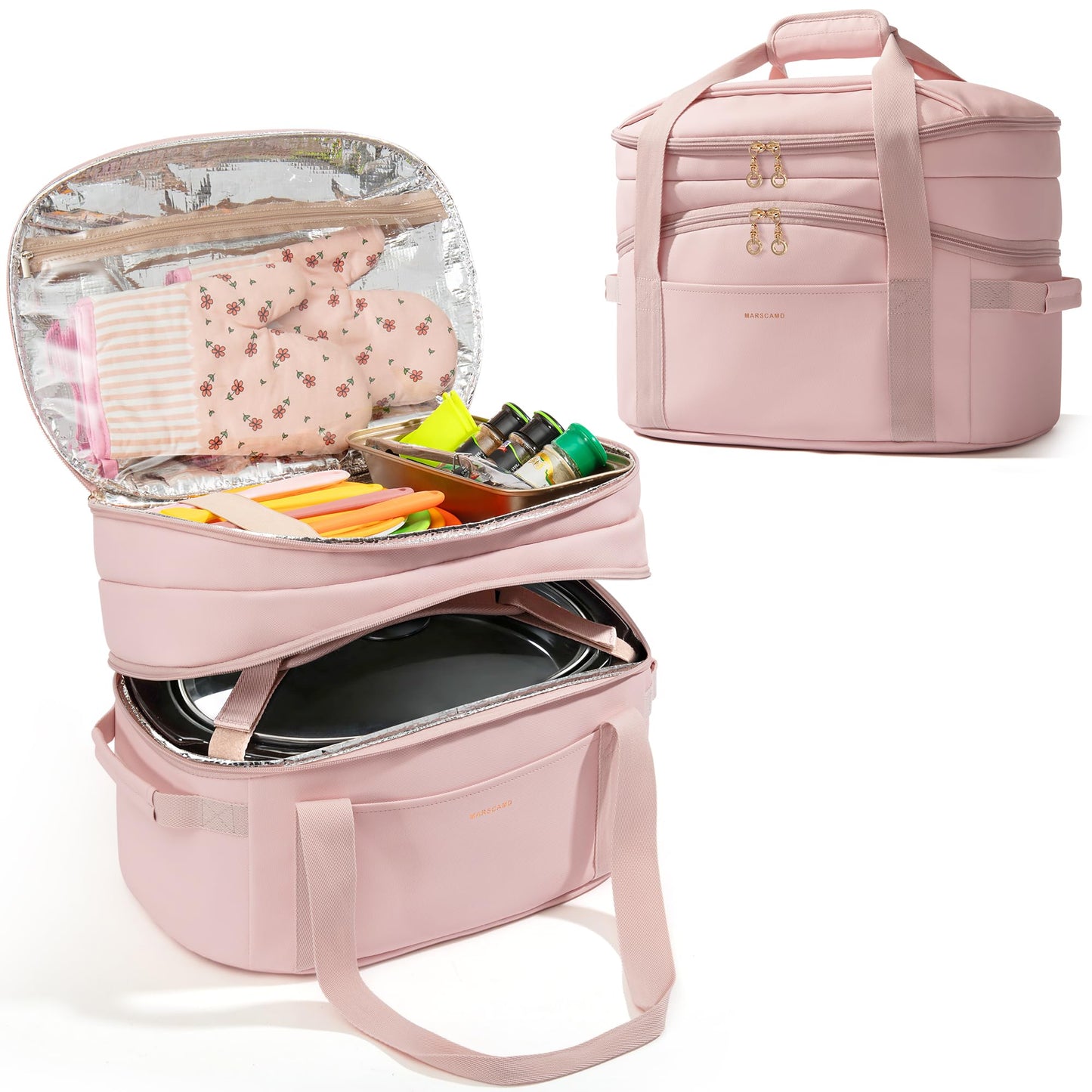 Marscamd Double Layers Slow Cooker Carrying Bag Compatible with 6-8 Quart Crockpot and Hamilton Beach, Slow Cooker Insulated Carrier with Utensils Storage Section, Pink