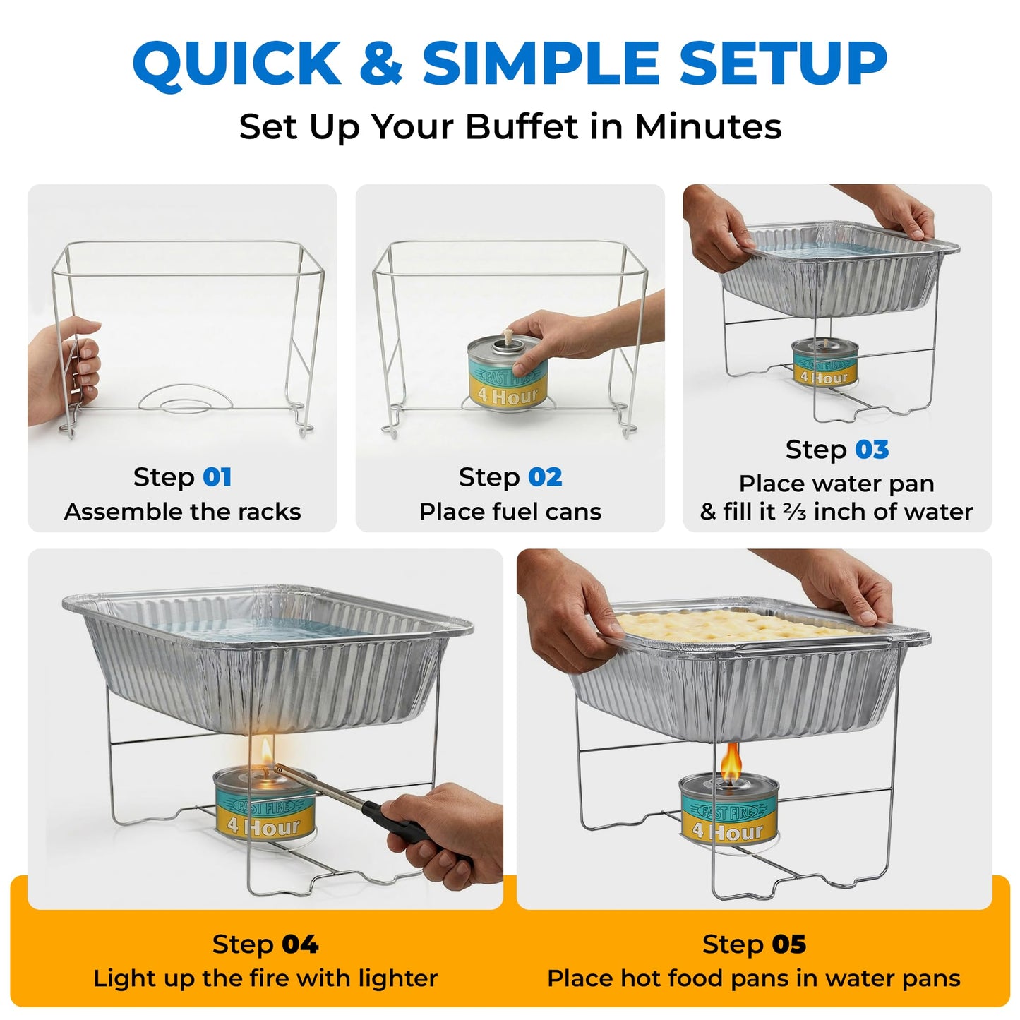Disposable Chafing Dish Buffet Set – 6 Pack Half Size (Standard 10 3/8" x 12 3/4"), Patented Foldable Wire Racks, 4-Hour Fuel Cans, Aluminum Food & Water Pans, Serving Utensils, Reusable or Disposable
