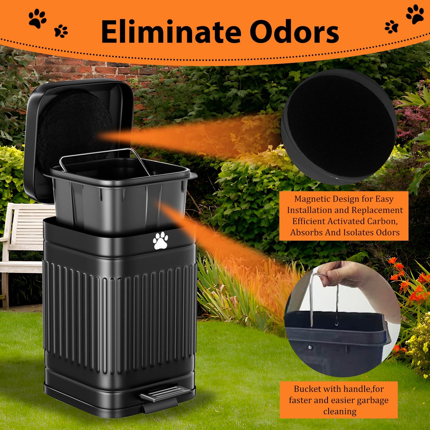 Kopuncare Dog Poop Trash Can Outside, 5L/1.3Gal Metal Dog Waste Trash Can with Lid, Foot Pedal, Pet Waste Container with 40 Bags, Poop Bucket with Lid Soft Close for Pet, Black