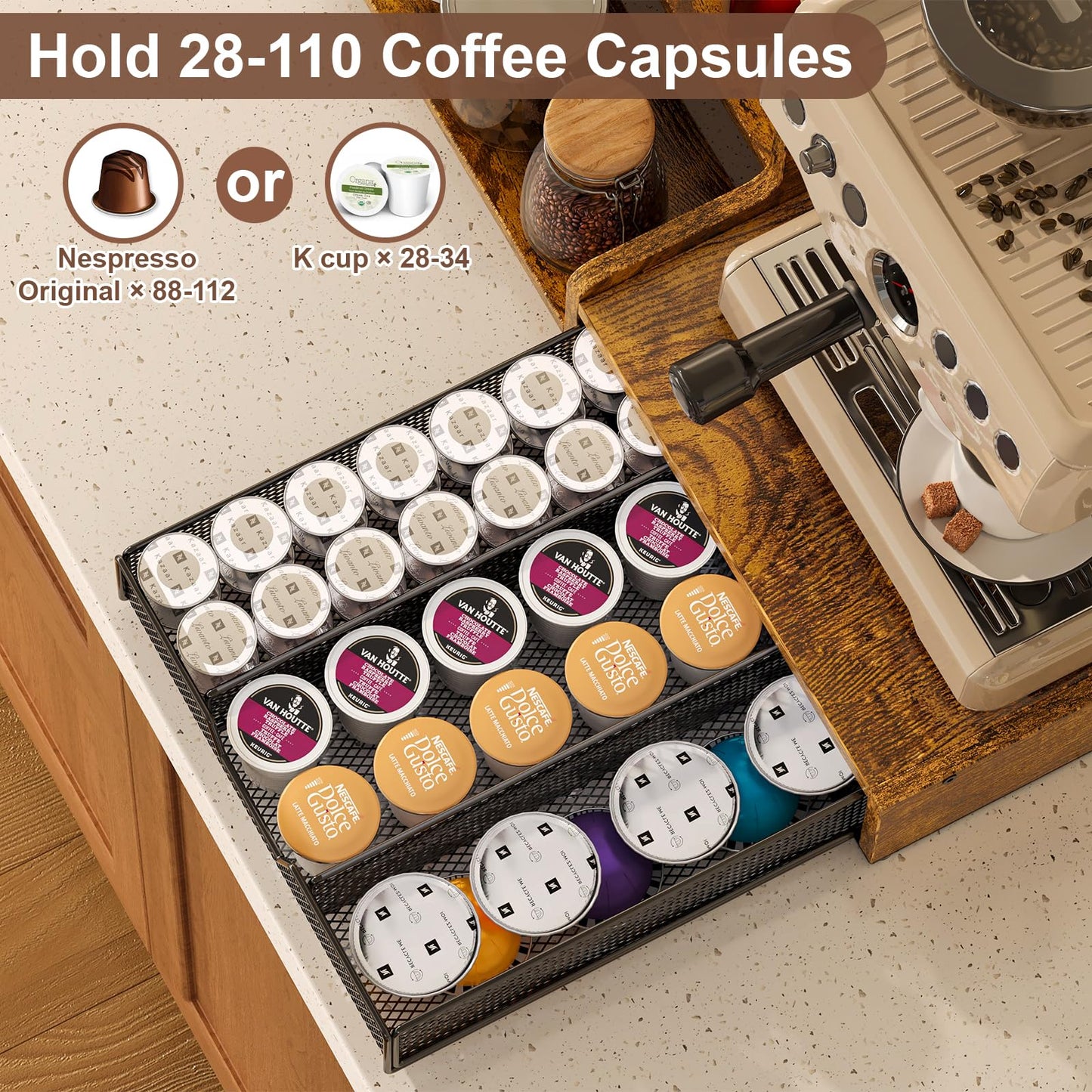 Bliesosfud Coffee Station Organizer with K Cup Holder, 28 Pod Capacity,3-Tier Syrup Rack with Coffee Pod Holder Drawer, Coffee Bar organizer Countertop for Accessories,Rustic Brown