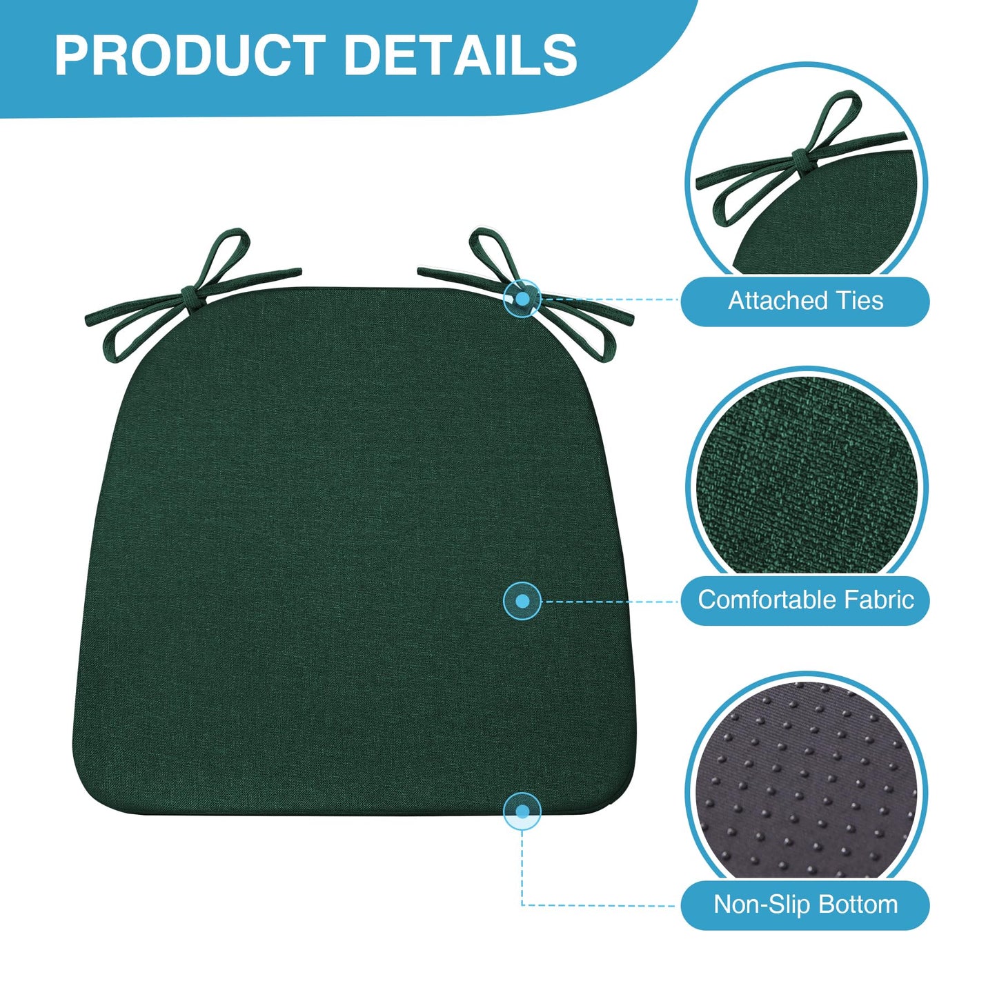 IASEAHK Chair Cushions for Dining Chairs Set of 4, Non Slip Kitchen Chair Pads, 17" x 16" x 2", Indoor Dining Chair Cushions with Ties, D-Shaped Seat Cushions for Kitchen Chairs, Dark Green