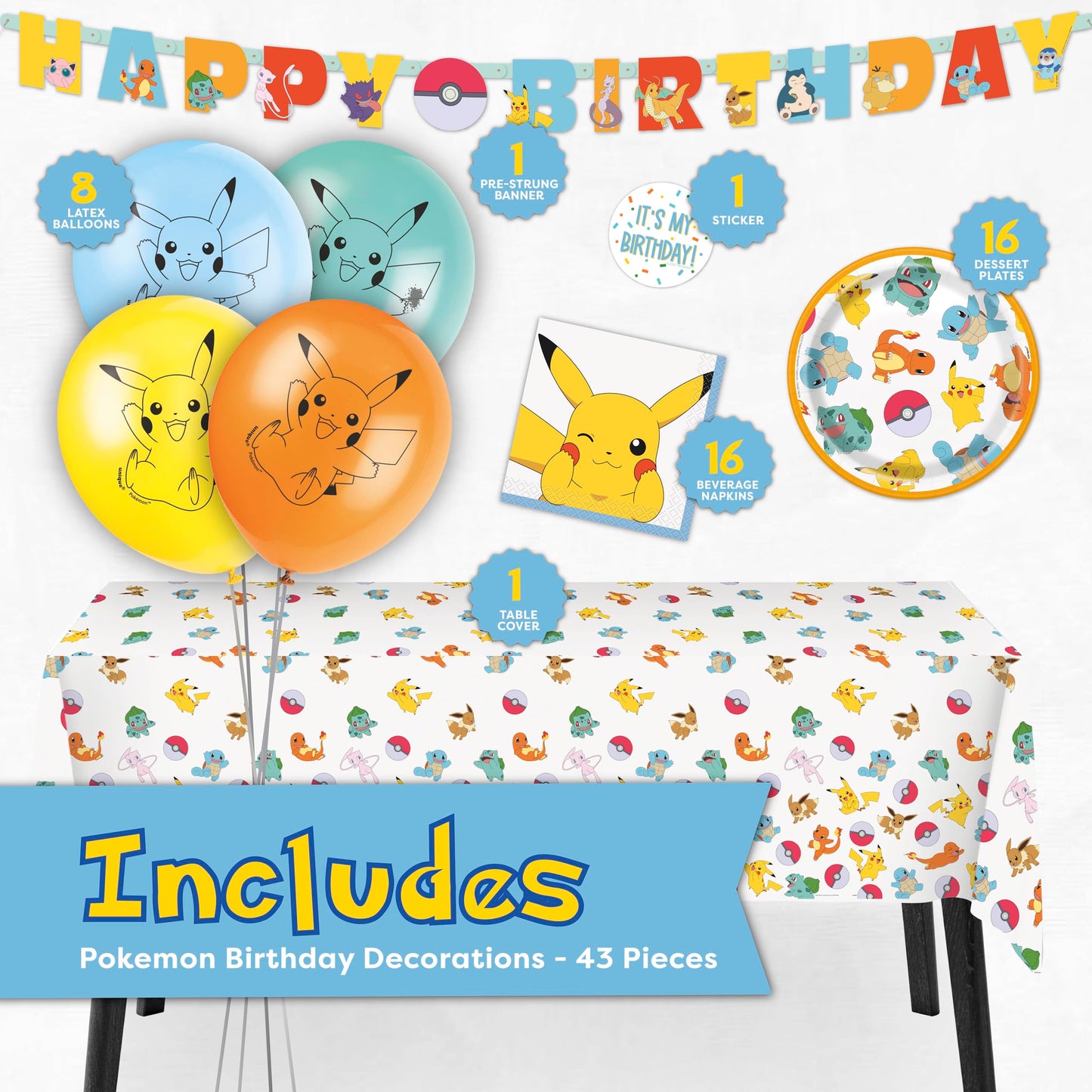 Pokemon Birthday Decorations Party Supplies for 16 - Officially Licensed Balloons, Tablecloth, Cake Plates, Napkins, Sticker