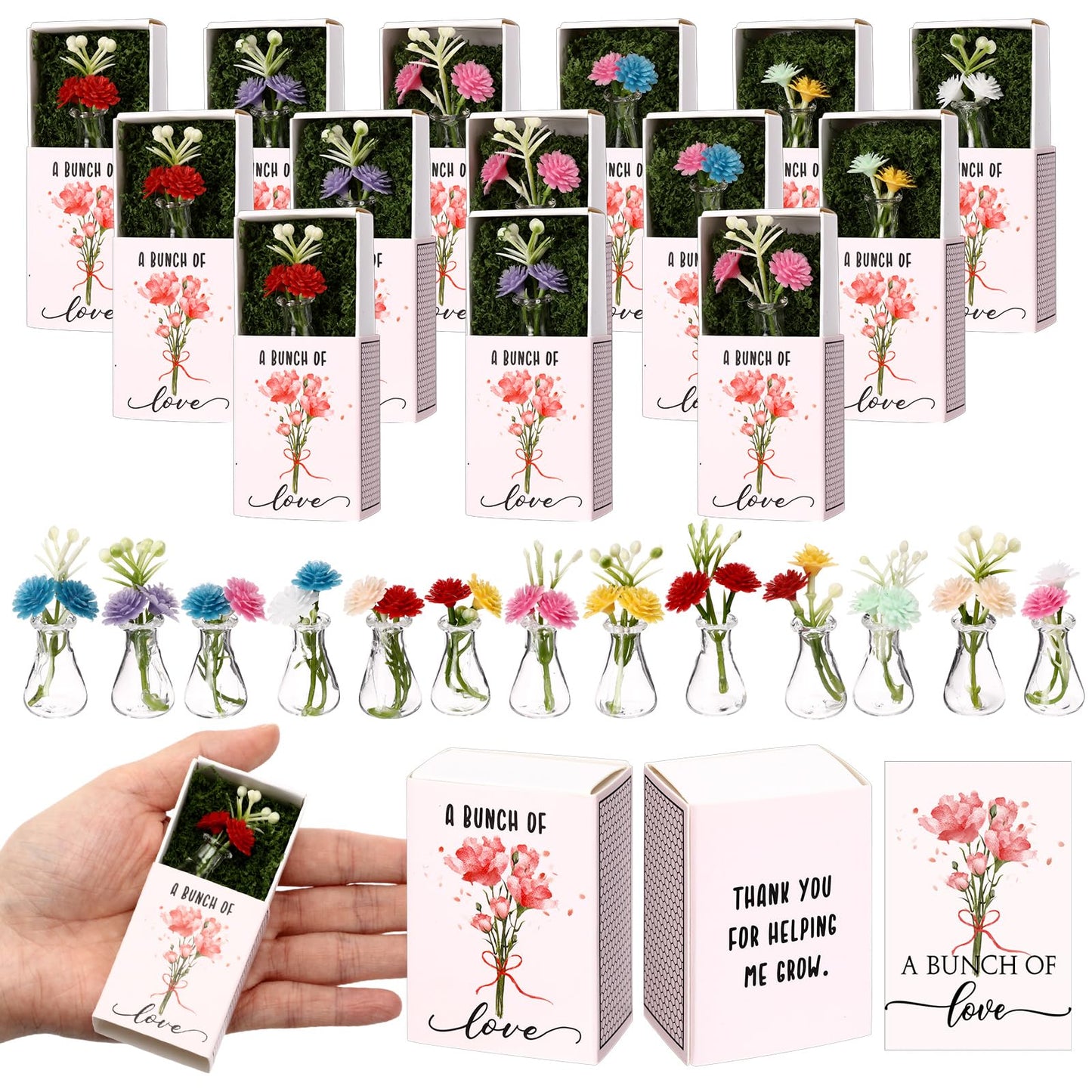 Wonderjune 50 Sets CNA Week Gifts Bulk for Women Positive Mini Flowers with Bud Vases Office Desk Decor Mini Box Breathing Thank You End of Year Graduation Favors for Coworker (Clear)