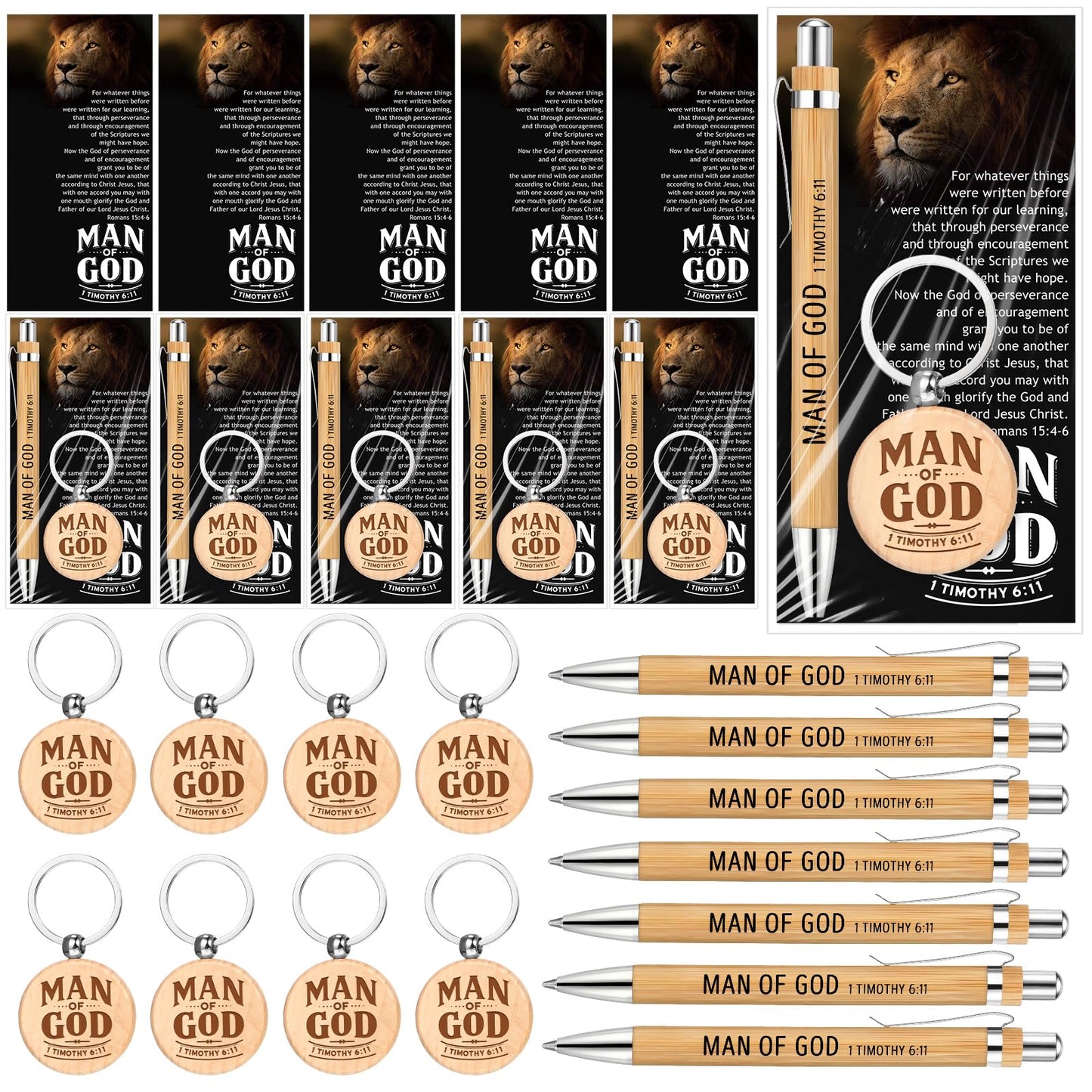 Landical 50 Sets Father Day Man of God Gifts for Men Christian Baptism Gifts, 50 God Keychains 50 Bible Verse Ballpoint Pens 50 Cards Pastor Appreciation Favors for Church Father's Day Supplies