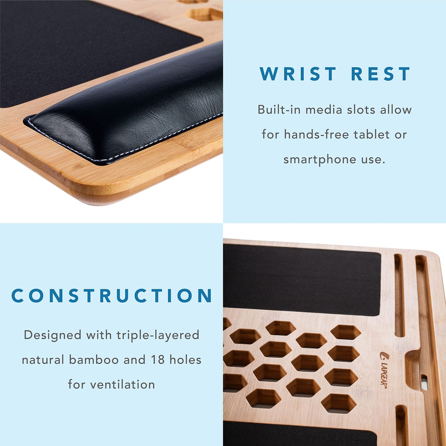 LAPGEAR Bamboo Pro Lap Board with Wrist Rest, Mouse Pad, and Phone Holder - Natural - Fits up to 17.3 Inch Laptops and Most Tablets - Style No. 77101
