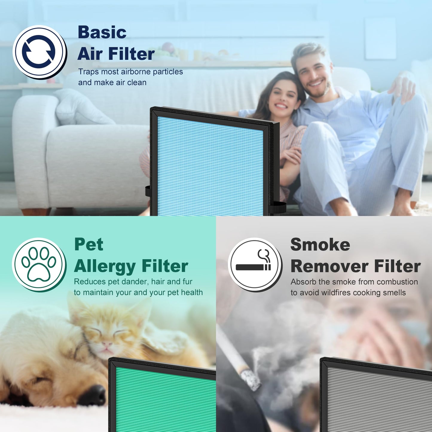 MK04 Air Filter Replacement for Aroeve MK04 MG04JH Air Purifier, 4-in-1 High-Efficiency and Activated Carbon Filter for Bedroom Home Office Livingroom Kitchen Wildfire, Standard Version, Blue, 4 Pack
