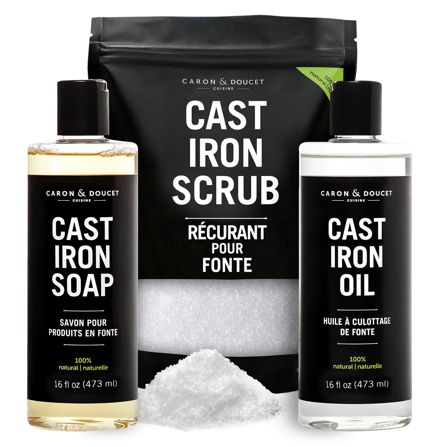 CARON & DOUCET – Ultimate Cast Iron Set PLUS: Seasoning Oil, Cleaning Soap & Restoring Scrub | 100% Plant-Based & Best for Cleaning Care, Washing, Restoring & Seasoning Skillets, Pans & Grills!