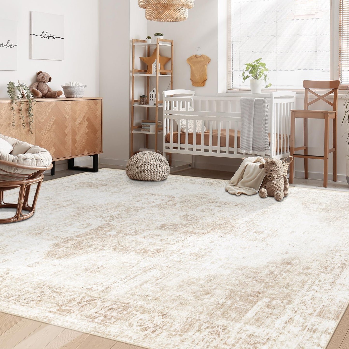 VECARF Area Rug 5x7 Washable Rug, Vintage Boho Medallion Rugs Non-Slip Soft Low Pile Large Distressed Rug Indoor Retro Carpet for Living Room Bedroom Dining Room Home Office (Beige, 5'x7')