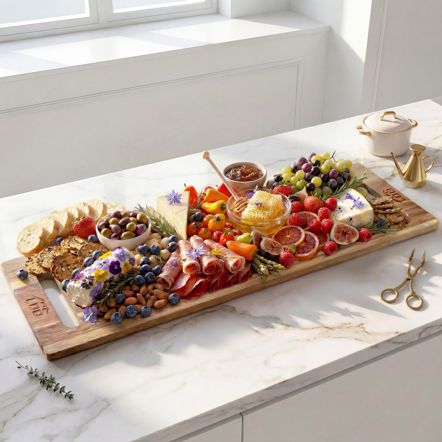 LDQ 36 x 11 Inch Extra Large Charcuterie Board, Acacia Wood Serving Board with Handles and 2 Stands, Rectangular Cheese Platter, Long Cutting Board and Serving Tray for Meat, Party Appetizers