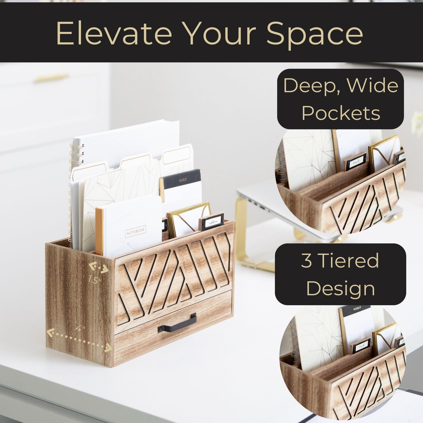 BLU MONACO | Natural Wood Desktop Mail Organizer with Drawer | Three-Tier Mail Sorter with Black Label Holders | Countertop Mail Holder & Document Storage for Home or Office