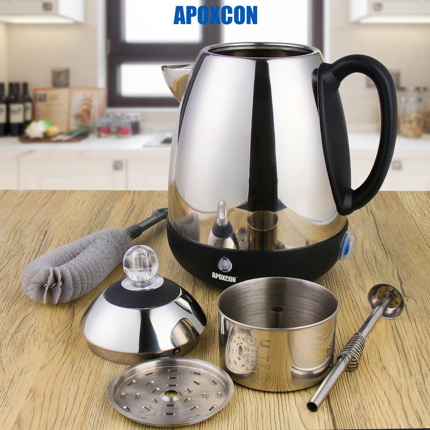 APOXCON Electric Coffee Percolator Stainless Steel Coffee Maker with Clear Brew Progress Knob & Cleaning Brush Auto Keep Warm Cordless Serving elegant design Coffee pot with On/OFF Switch (10 Cup)