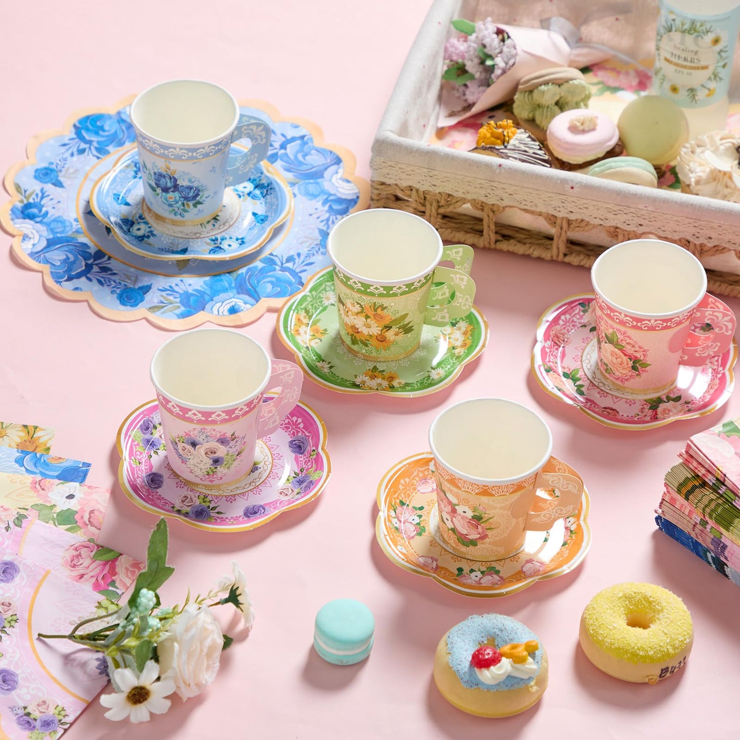 Nuogo 300 Pcs Disposable Tea Party Supplies Vintage Floral Paper Tea Cups with Handle and Plates Napkins Tea Cup and Saucer Set for Birthday Baby Shower Bridal Wedding Mother's Day, Serve 100 Guest