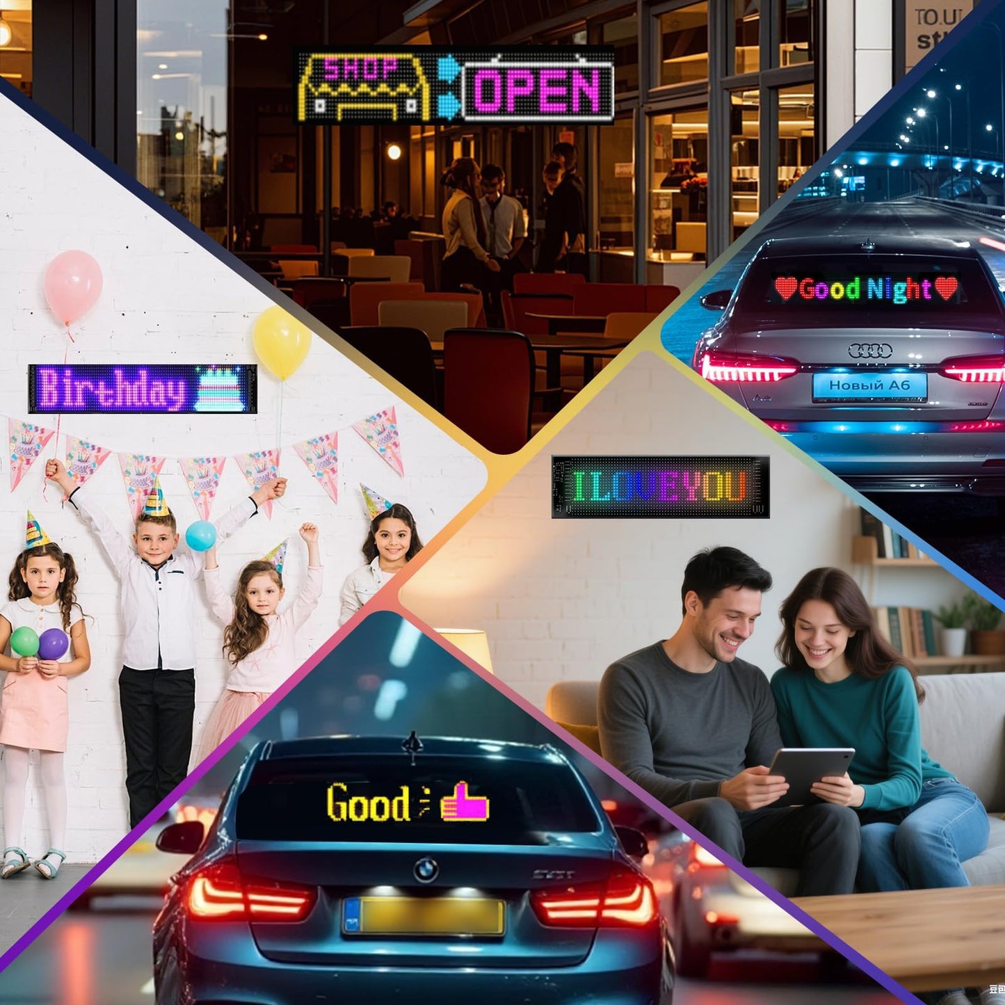 Programmable Led Sign Scrolling Display- Flexible USB 5V Digital Rgb Matrix Panel with Bluetooth App Control, Custom Text, Graphic Dimmable Light Up Board Signage for Car, Shop, Advertising(15"x4")
