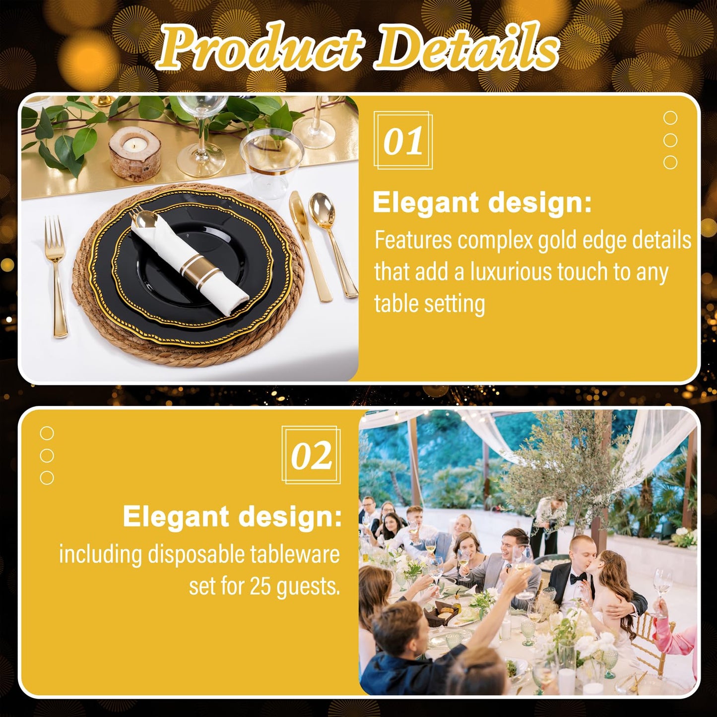 Hioasis 175pcs Black and gold Plastic Plates - Gold Plastic Dinnerware Set Includes 25 Dinner Plates, 25 Dessert Dinnerware, 25 Cups, 25 Napkins Perfect for Wedding & Party
