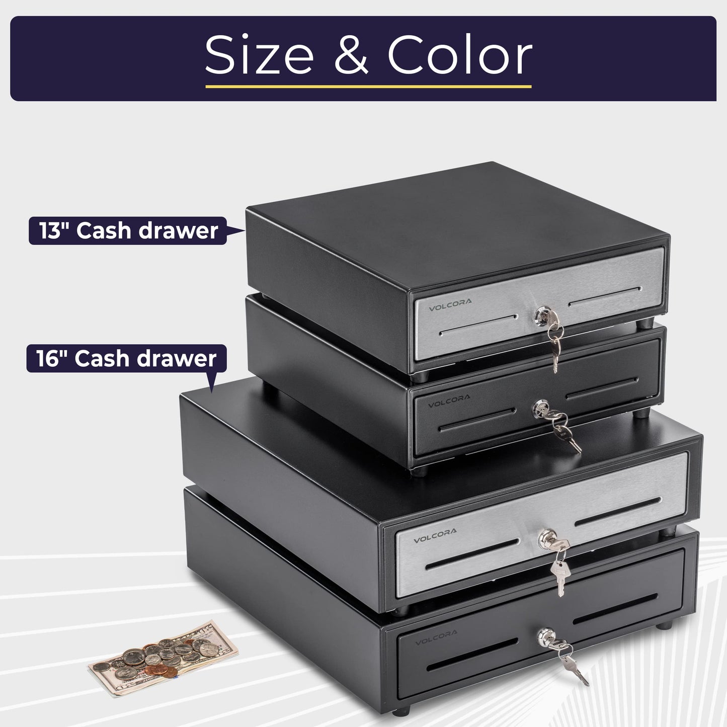 Volcora 13" Manual Push Open Cash Register Drawer for Point of Sale (POS) System - Black with Stainless Steel Front Touch Panel - with 4 Bills and 5 Coin Slots, Fully Removable Money Tray