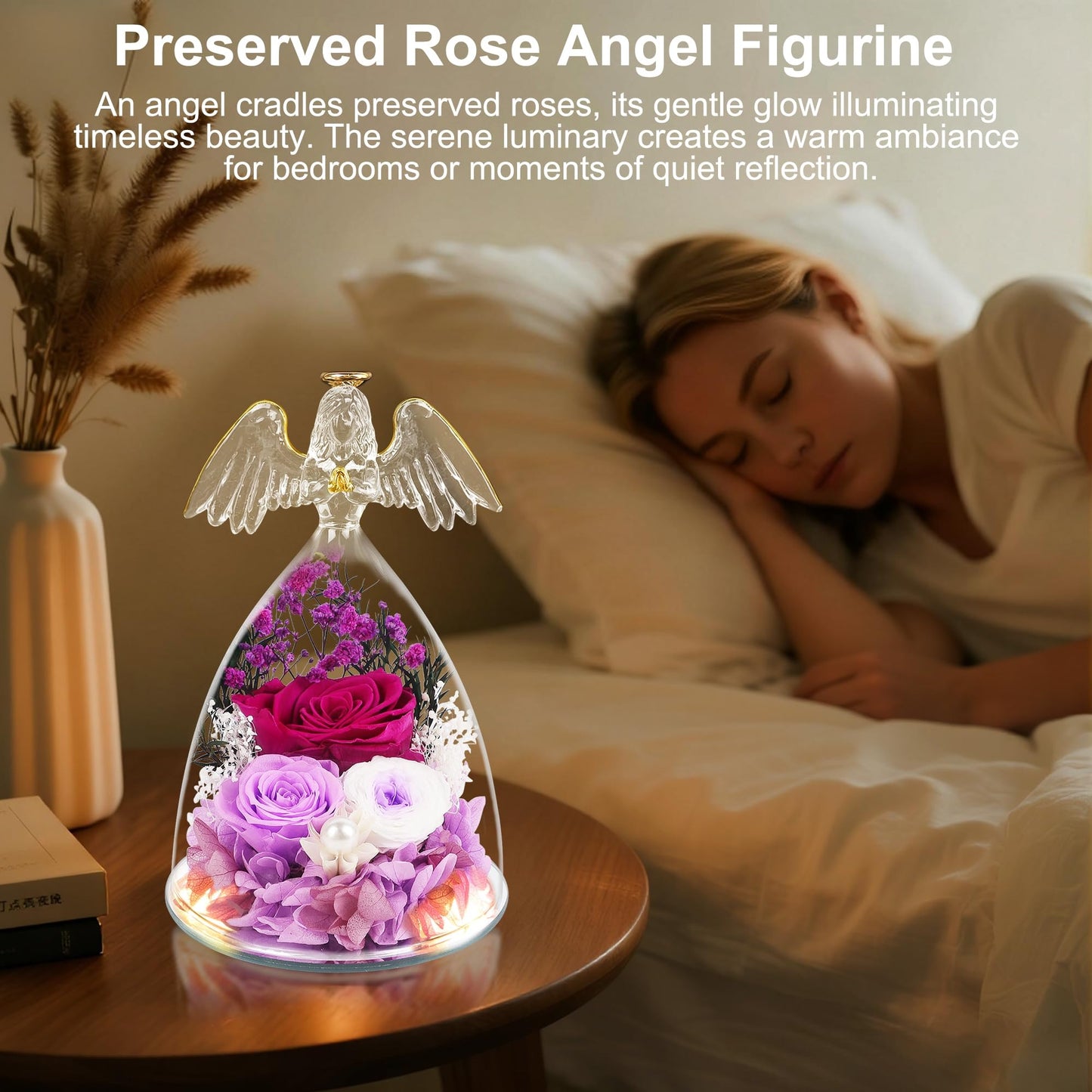 YOFIT Gifts for Women Mom Mother's Day-Preserved Roses in Glass Angel Figurine, Forever Fresh Flowers for Her Grandma, Gifts for Valentines Birthday (Purple, Lights)