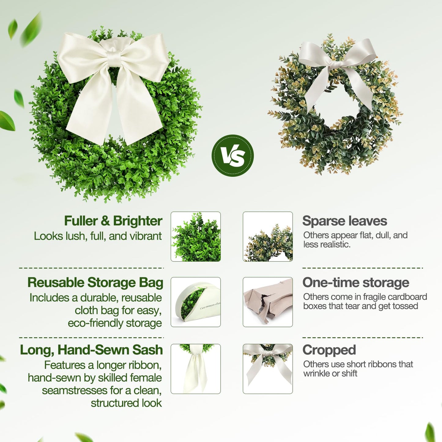 23" Boxwood Wreaths for Front Door – Preserved Boxwood Wreath with Sash｜Summer Wreaths for Front Door