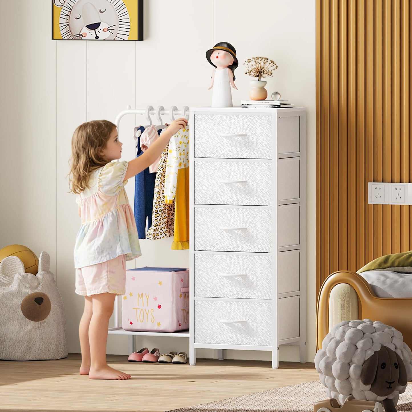 Snughome Dresser with Hanging Rack, Clothes Hanging Rack with 5 Drawers, White Dresser with Clothes Rack, Fabric Storage Chest of Drawers, Small Dresser for Bedroom, Apartments, Entryway Living Room