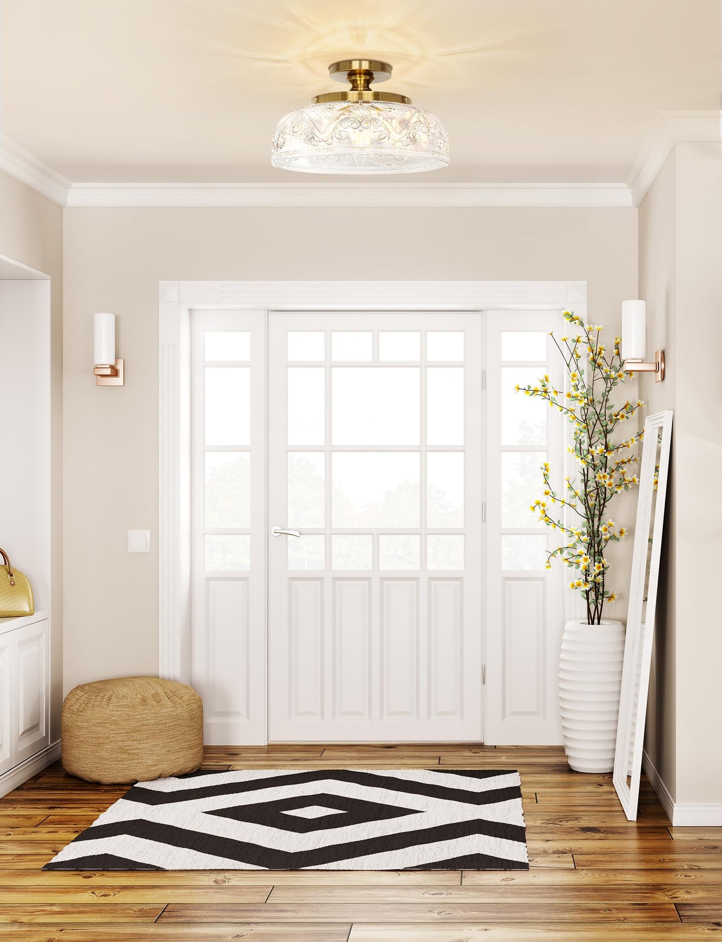 Slypadan Semi Flush Mount Ceiling Light, 12 Inch Large Gold Ceiling Light Fixture, 3-Light Globe Glass Farmhouse Kitchen Lighting Fixtures for Bathroom, Hallway, Dining Room (Bulb Not Included)