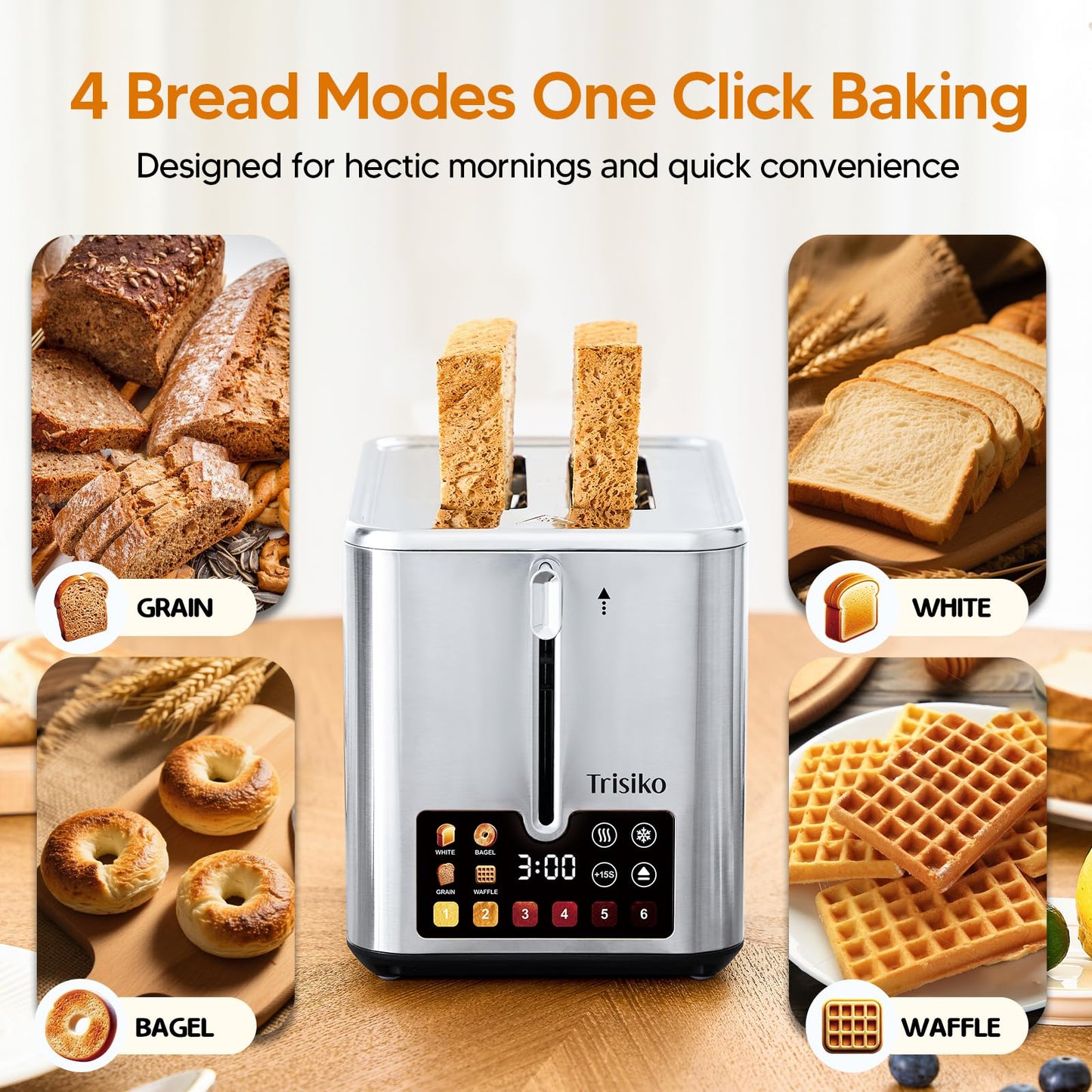 Trisiko Touch Screen Electric Toaster 2 Slice, Stainless Steel Smart Toaster with Digital Timer, 1.38" Extra-Wide Slots for Bread& Bagel, Great for Home, Office,Dorm