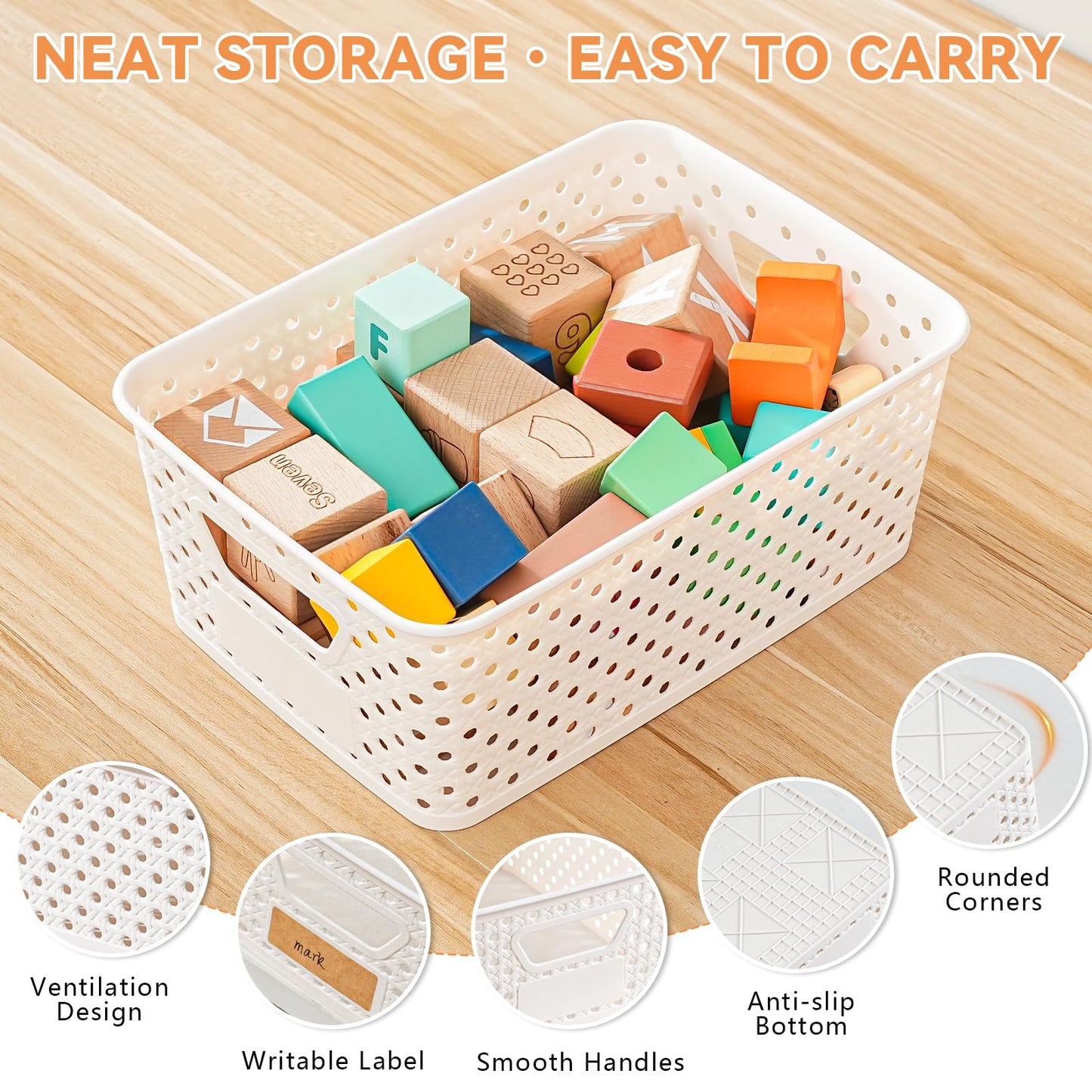 12 Pack Plastic Storage Baskets for Organizing, Storage Baskets for Shelves with Handles, Small Storage Bins with Labels, Organizer Baskets for Cabinet,Closet, Office