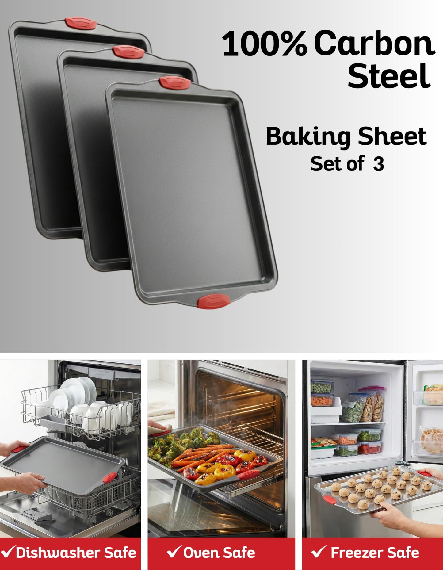 Premium Nonstick Baking Sheet Pans – Set of 3, Heavy-Gauge Carbon Steel, Warp, Dent, and Rust-Resistant – Gourmet Rimmed Half Cookie Sheet Trays, Non-Toxic for Exceptional Baking Performance