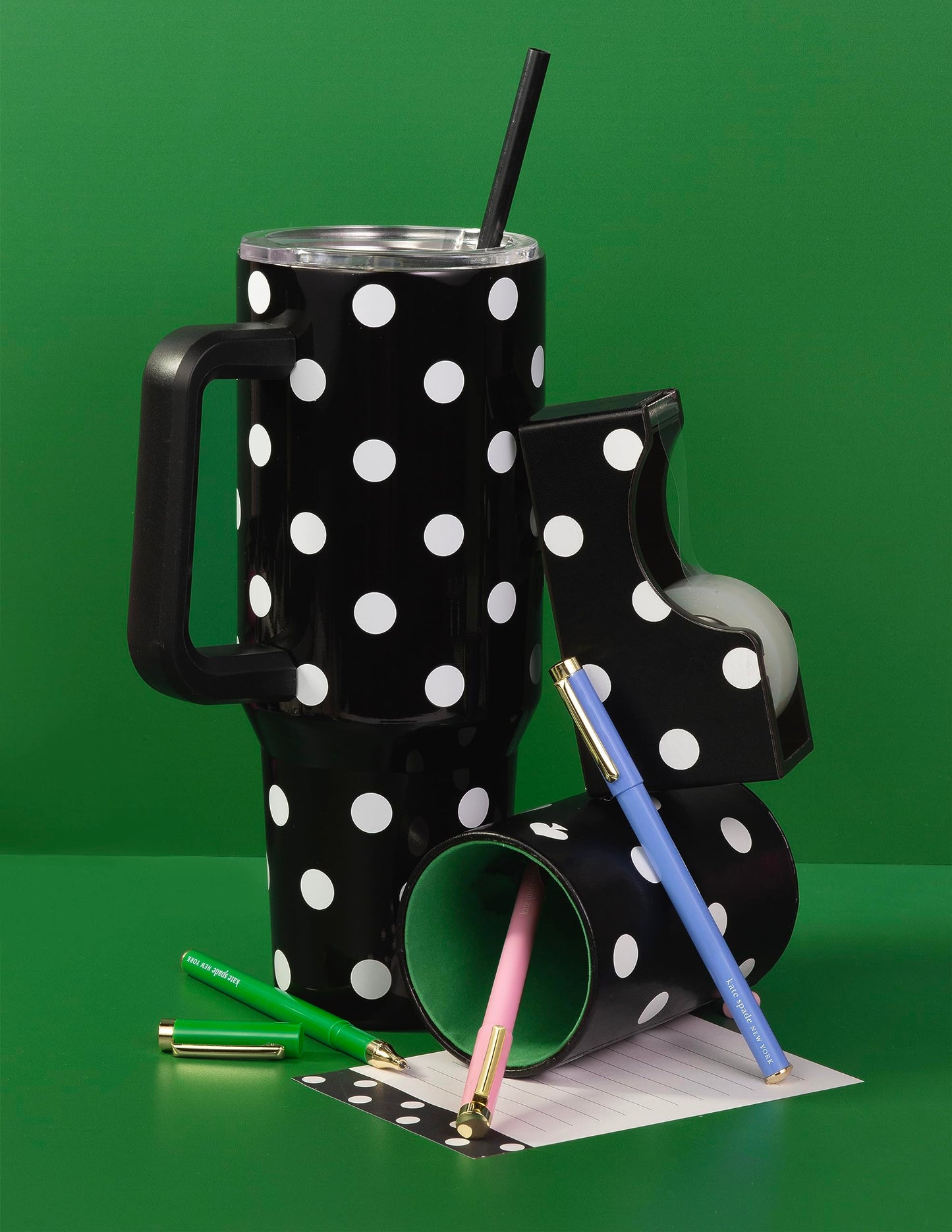 kate spade new york 40 Ounce Tumbler with Handle and Straw, Double Wall Stainless Steel Insulated Tumbler, Cupholder Friendly, Picture Dot