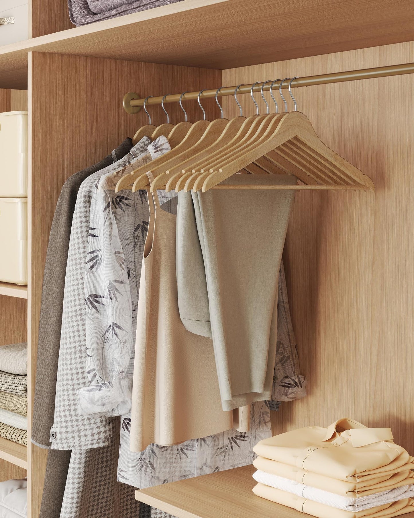 SONGMICS Wooden Hangers, Pack of 30, Coat Hangers, Pants Bar, 360° Swivel Hooks, Solid Birch Wood, Space Saving, for Jackets, Shirts, Coats, Natural Beige UCRW030K01