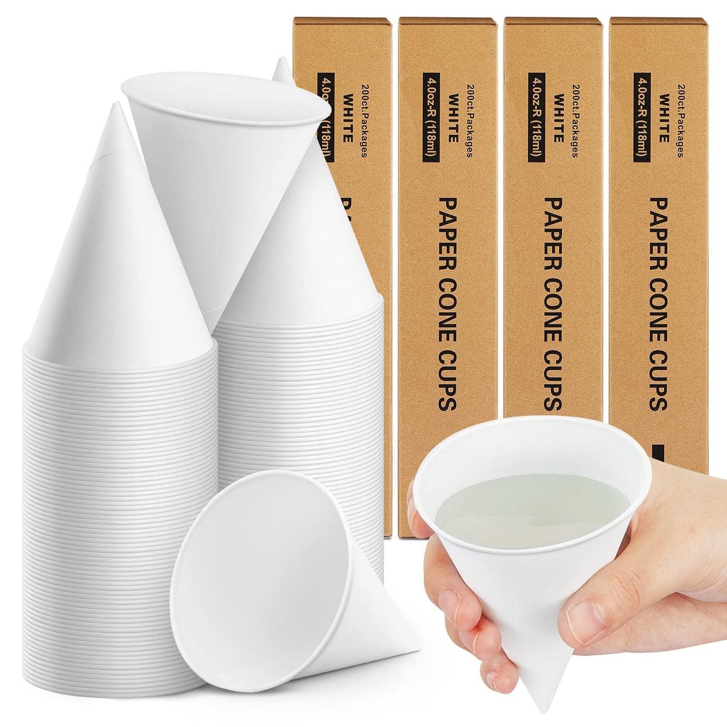 Roshtia 800 Pcs Paper Cone Cups Thicken Disposable Cone Cups for Shaved Ice, Slushies Water Cooler Dispenser, White (4 oz)