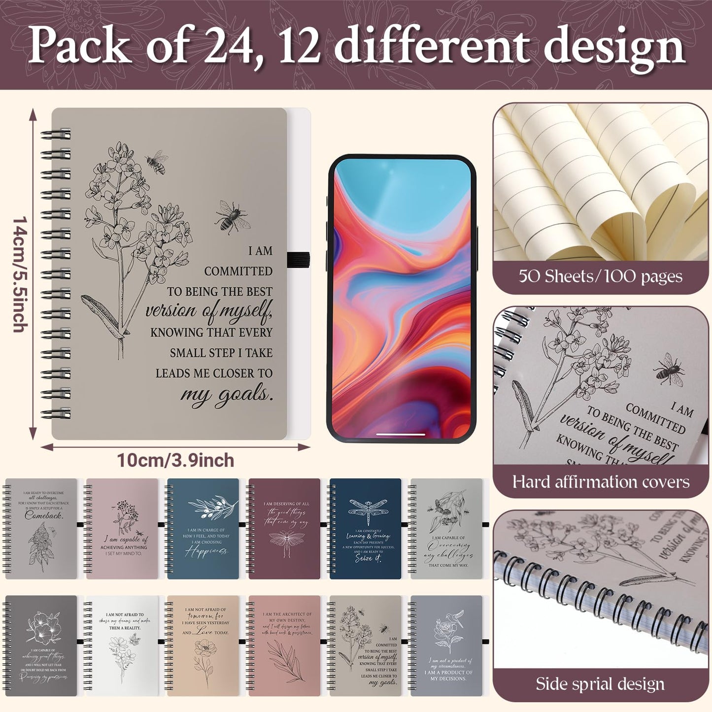 Kosiz 48 Pcs/24 Set Positive Affirmation Gifts Bulk for Women Men Gratitude Spiral Journals with Pens Motivational Notebooks Back to School Gifts for Students Employee Coworker Teacher Nurse (Simple)