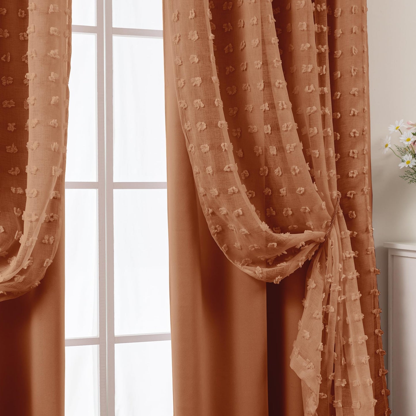 Terracotta Boho Blackout Curtains for Bedroom, Bohemian Pom Pom Double Layer Patterned Drapes, Rust Burnt Orange Sheer Overlay Western Curtains for Living Room 84 Inches Long 2 Panels Set