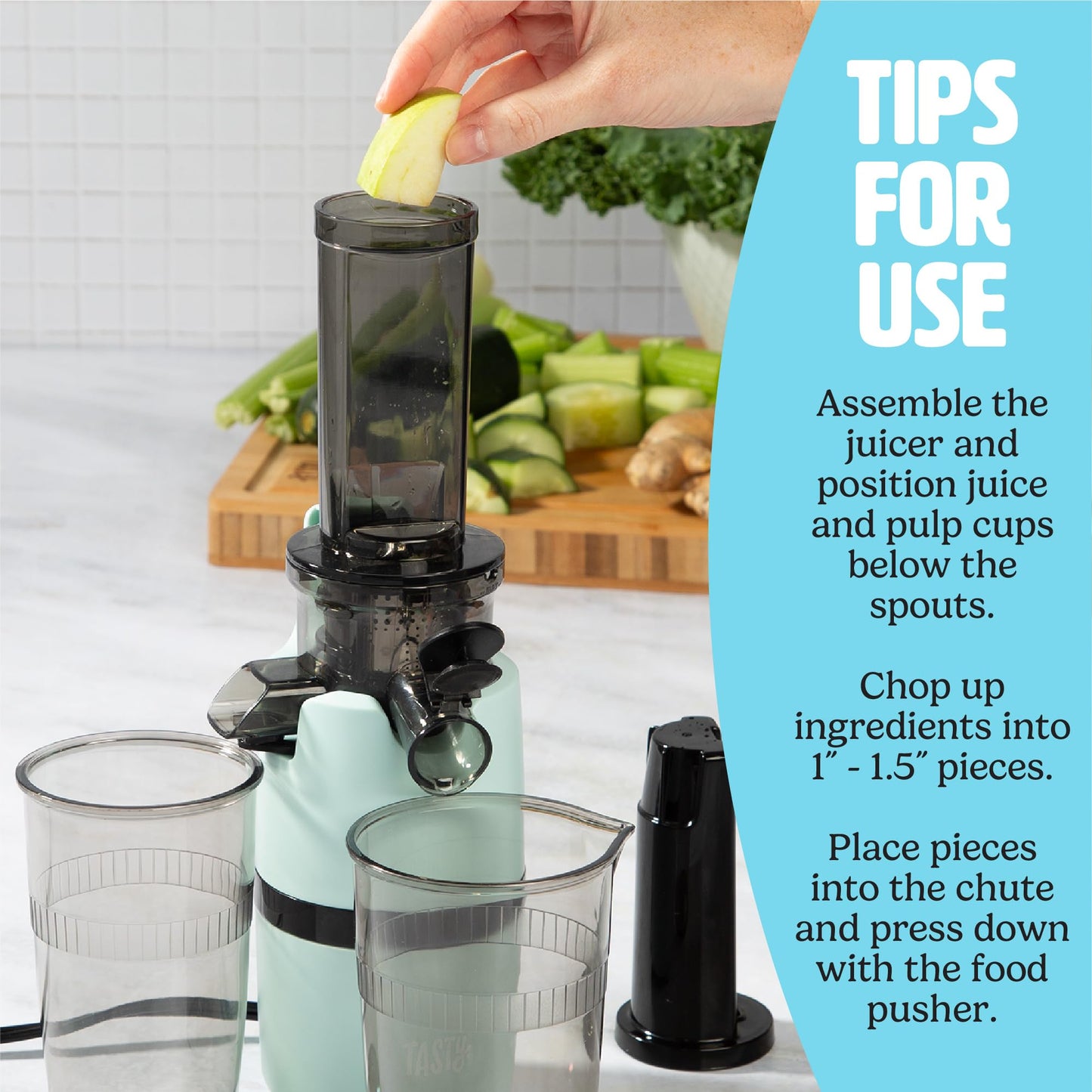 Tasty Slow Juicer, Compact Masticating Juicer with Pulp Separation, Maximum Juice Yield for Fresh, Nutrient-Rich Drinks, Easy Clean-Up & Compact Design, Aqua