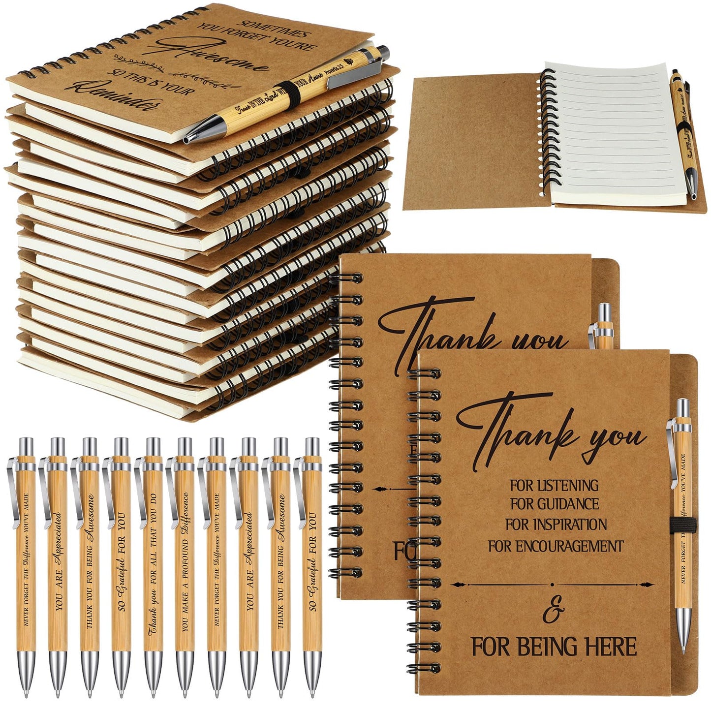 Glenmal 60 Pcs Thank You Gift Set Include Spiral Inspirational Notebooks Retractable Motivational Pens Employee Appreciation Gift Bulk Ruled Kraft Notebook Bamboo Thank You Pen for Teacher Coworker