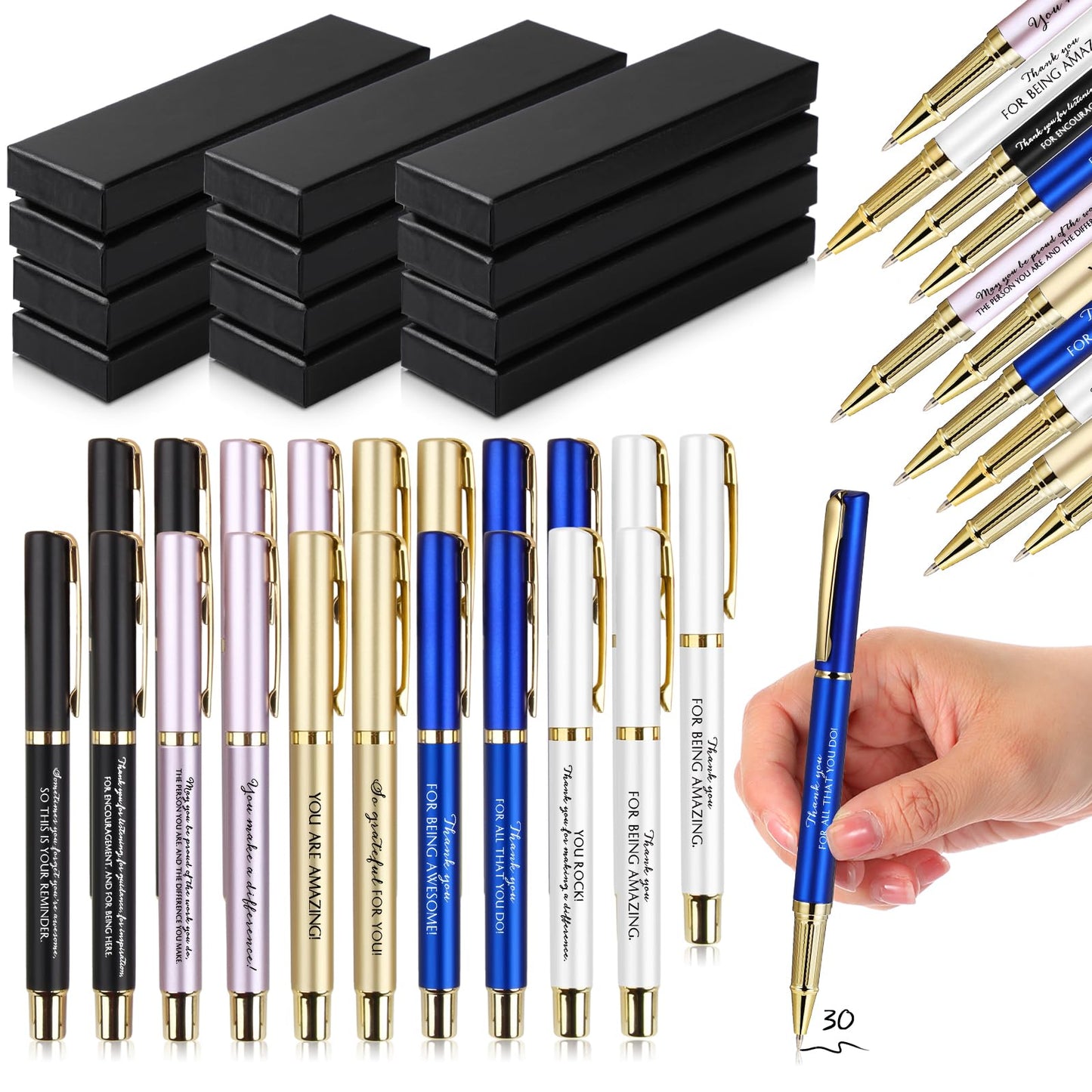 PerKoop 30Set Fathers Day Thank You Pen Employee Appreciation Ballpoint Pen with Engraved Inspirational Quote with Box for Teacher CNA Week End of Year Graduation Gift Black Ink(Multicolor,Mixed)