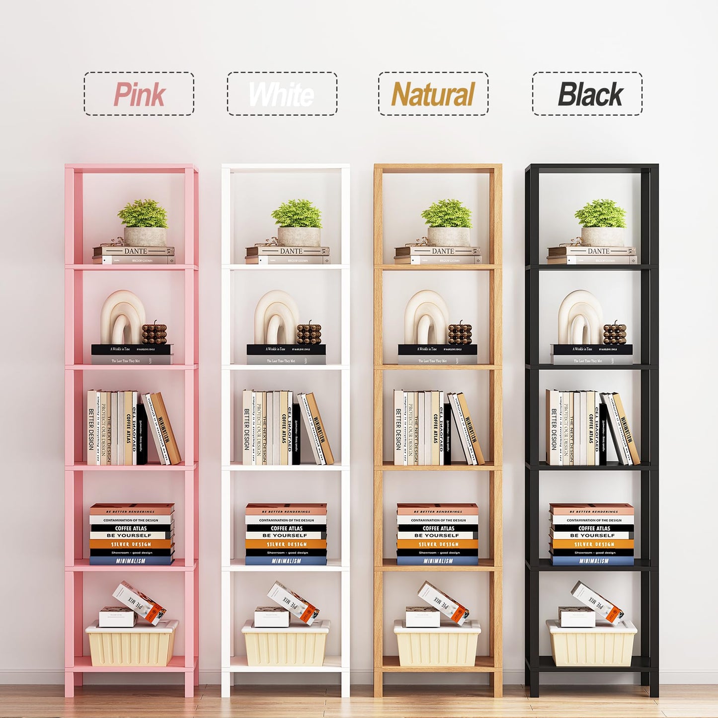 TUTOTAK Bookshelf, 6-Tier Tall Book Shelf, Narrow Bookcase for Small Space, DIY Stackable Bookshelf, for Living Room, Office, Study, Entryway, Industrial, Pink BS01BP006