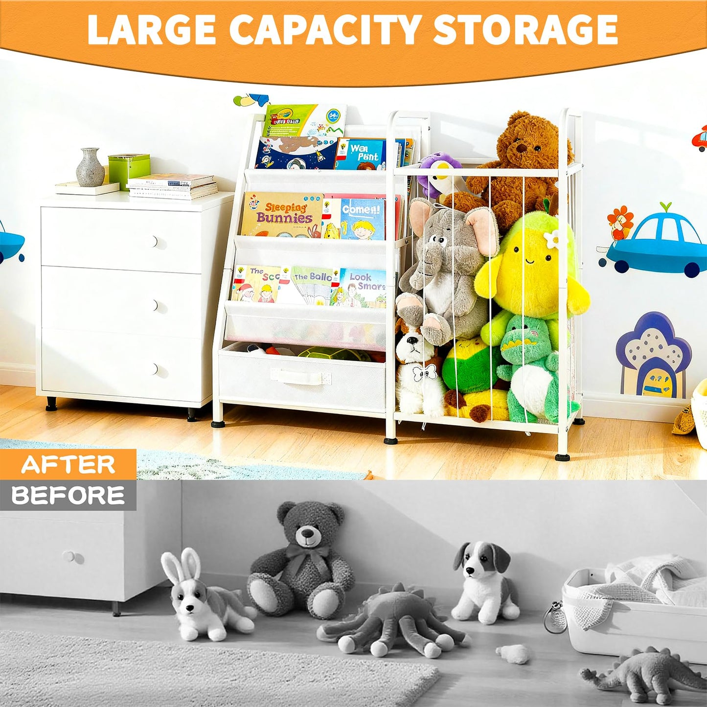 Kids’ Bookshelf & Stuffed Animal Storage – Large White 3-Tier Book Display Rack with Sling Shelves & Fabric Toy Chest | Toy Organizer for Playrooms, Bedrooms, Nurseries