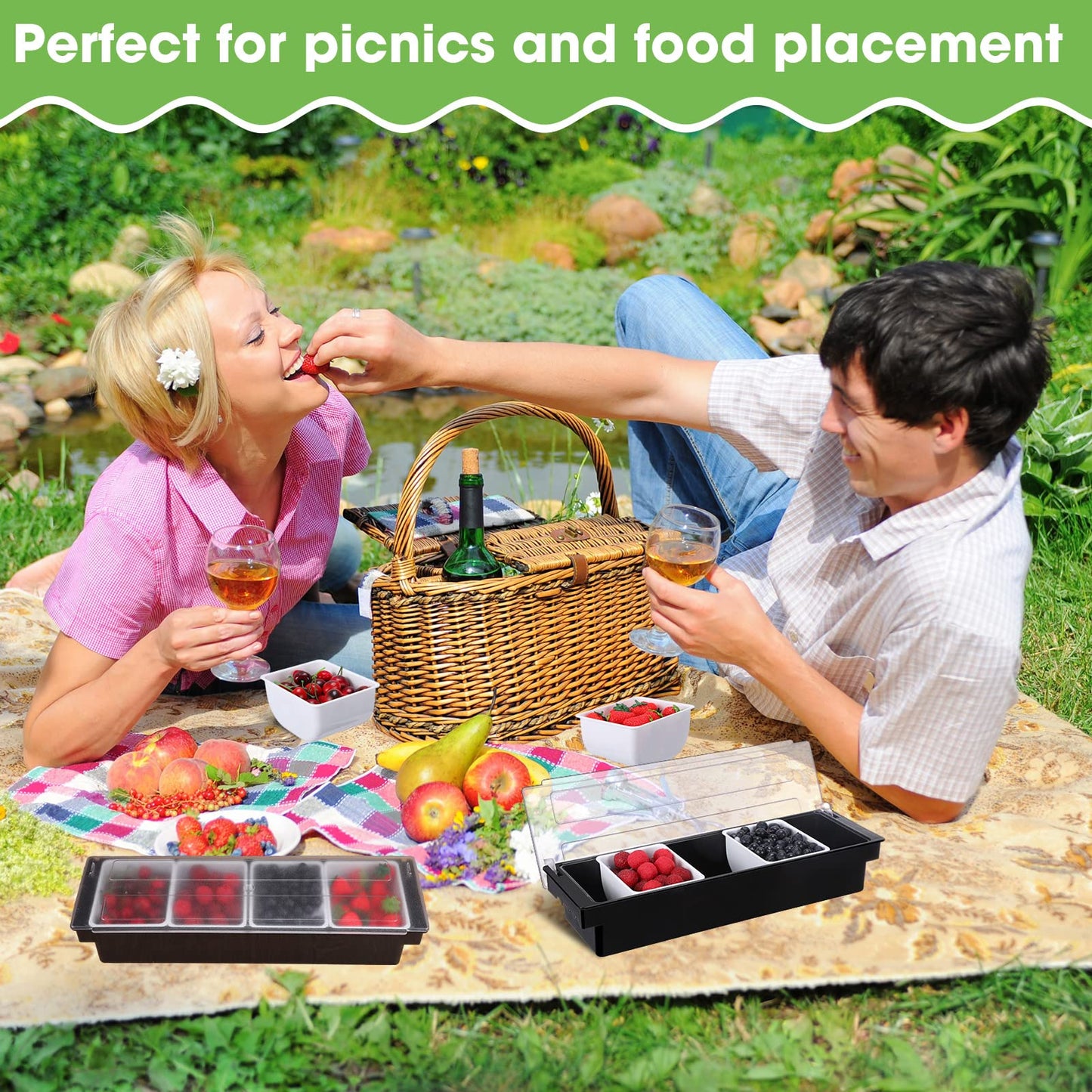 Zhehao 2 Pcs Ice Cooled Condiment Serving Container Chilled Garnish Container with Lid Plastic Fruit Veggie Condiment Caddy Organizer for Outdoor Parties Beach Iced Drinks