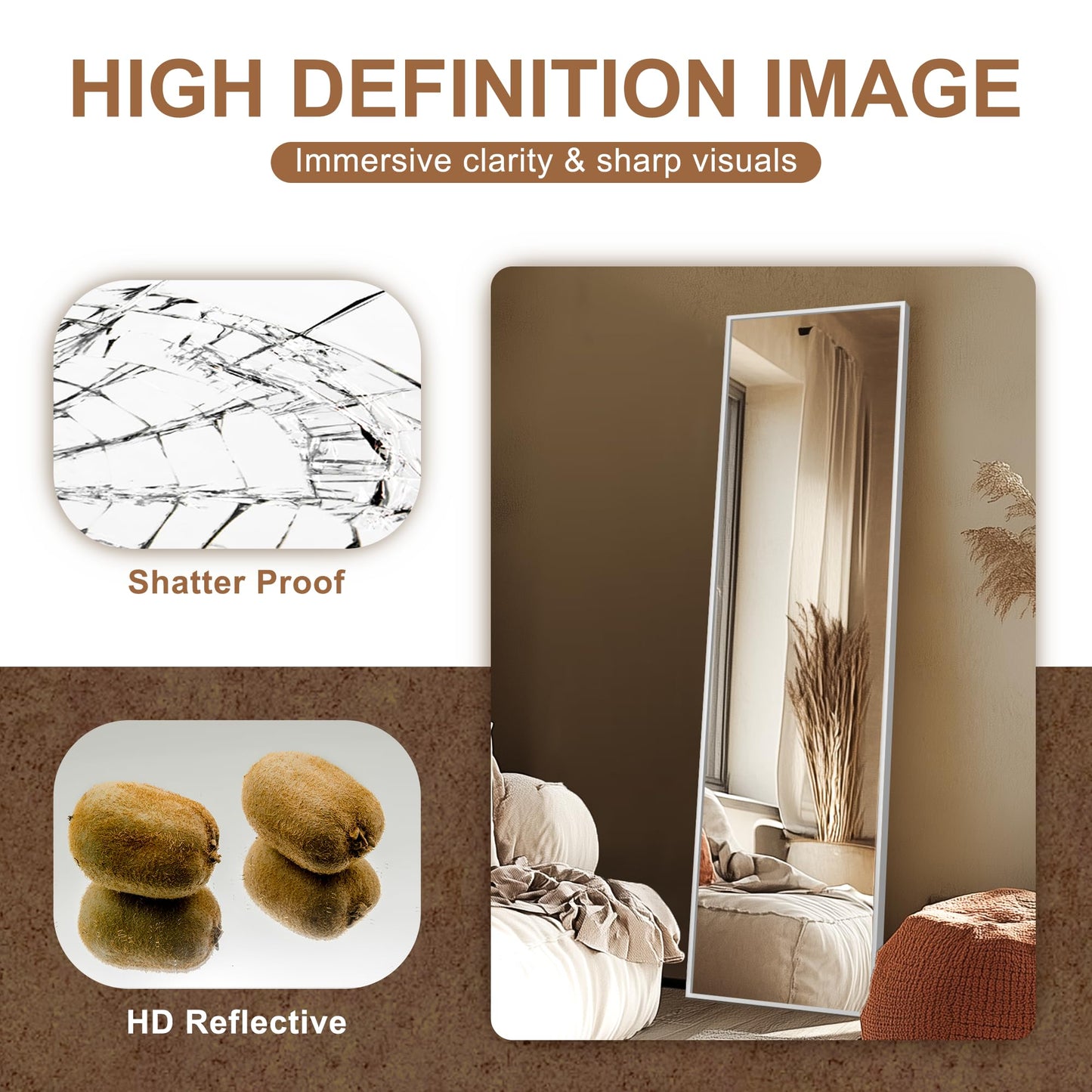 Delma Full Length Mirror,Large Floor Mirror with Aluminum Frame for Bedroom, Bathroom, Living Room,Wall Mount or Freestanding Design, Silver, 56" L x 15" W x 1Pcs