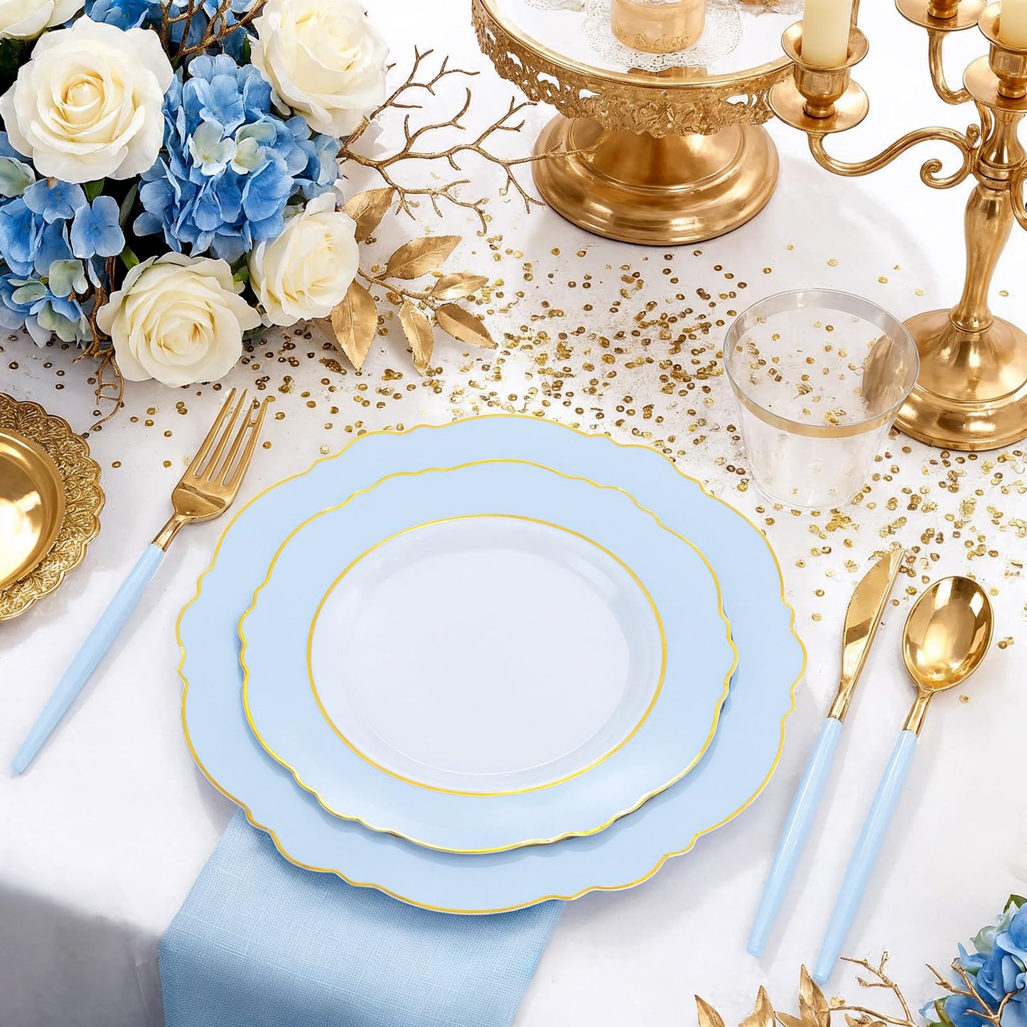 WDF 150pieces Baby Blue Plastic Plates with Gold Rim - Disposable Gold Plastic Silverware With Blue Handle-Baroque Light Blue&Gold Disposable Plates Dinnerware for Wedding/Party/Baby Shower