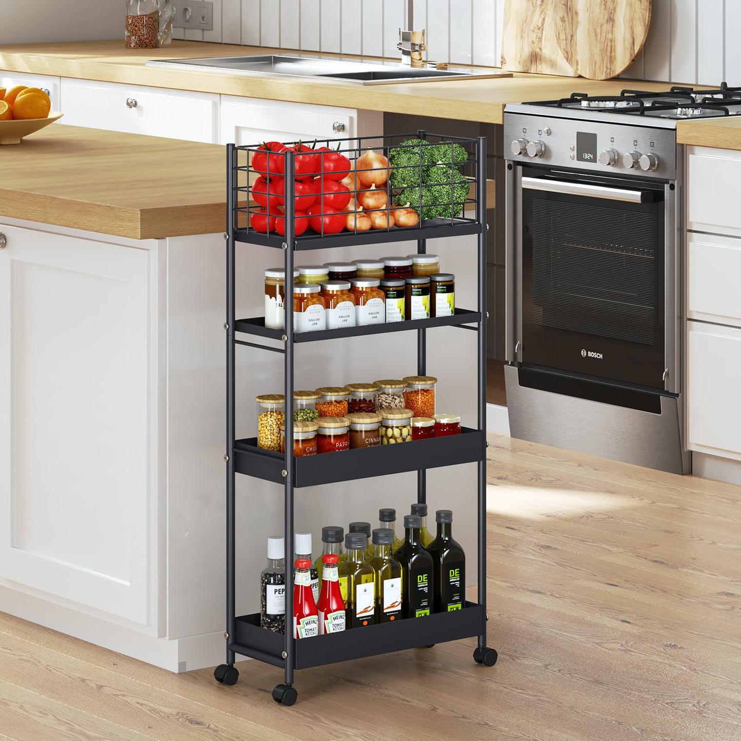 KINGRACK Slim Rolling Storage Cart 4 Tier - Heavy Duty Metal Utility Cart with Raised Edge & Wheels, Narrow Mobile Organizer Shelves for Bathroom, Kitchen, Laundry, Office, Living Room, Black