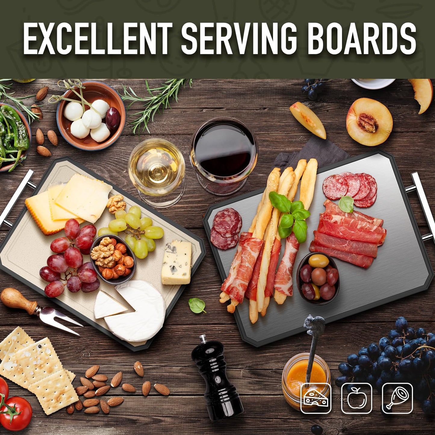 SNOWCLAD Stainless Steel Cutting Board,Double Sided Steel Cutting Board Set for kitchen,Stainless Steel/Wheat straw pp Large for meat,Dishwasher Safe [16 * 11+12 * 8.3 Inch]