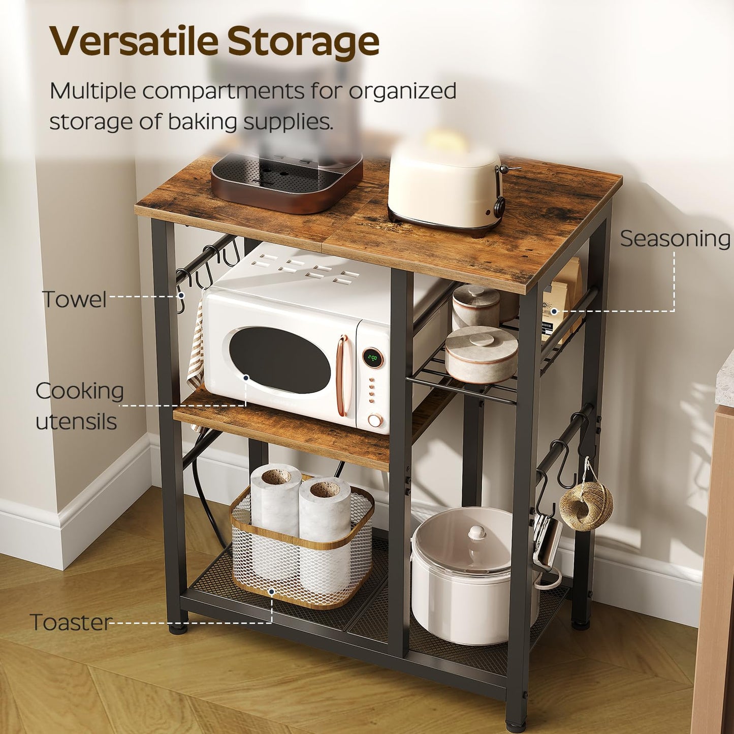YATINEY Movable Bakers Rack, Microwave Stand with Charging Station, Kitchen Storage Rack with Hooks and Basket, Casters and Adjustable Feet, for Small Space, Kitchen, Dining Room, Rustic Brown HB04UBR