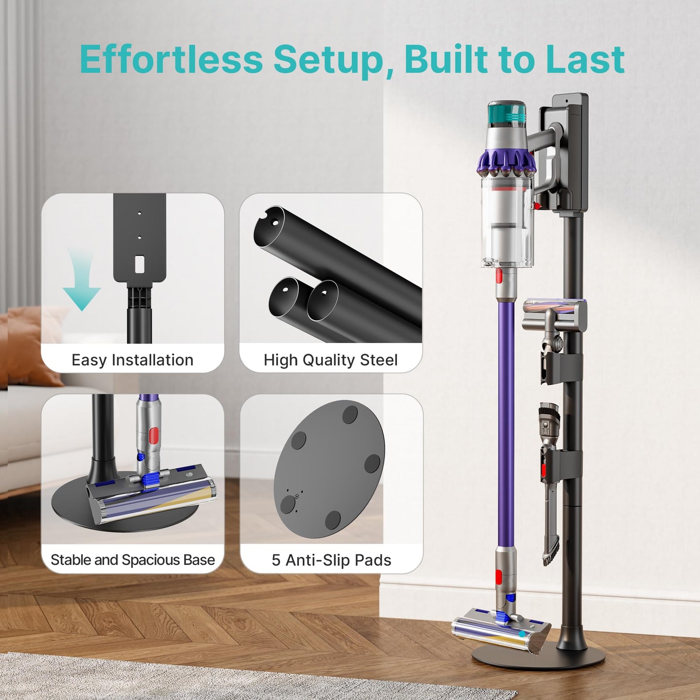 PEGZONE Vacuum Cleaner Stand, Compatible with Dyson Gen5 V15 V12 V11 V10 V8 V7 V6, Cordless Vacuum Holder with 2 Removable Accessory Clips, Attachment Organizer with Built-in Cable Slot, Black