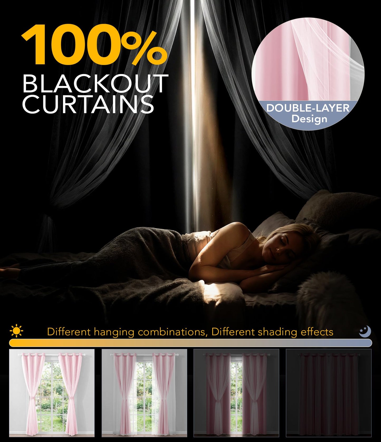 TopNaps 100% Blackout Curtains with Sheer Overlay, 2 Panels Thermal Insulated Double Layer Grommet Drapes for Girls Bedroom Living Room Darkening Apartment Windows Decor, 52" W x 84" L, Pink
