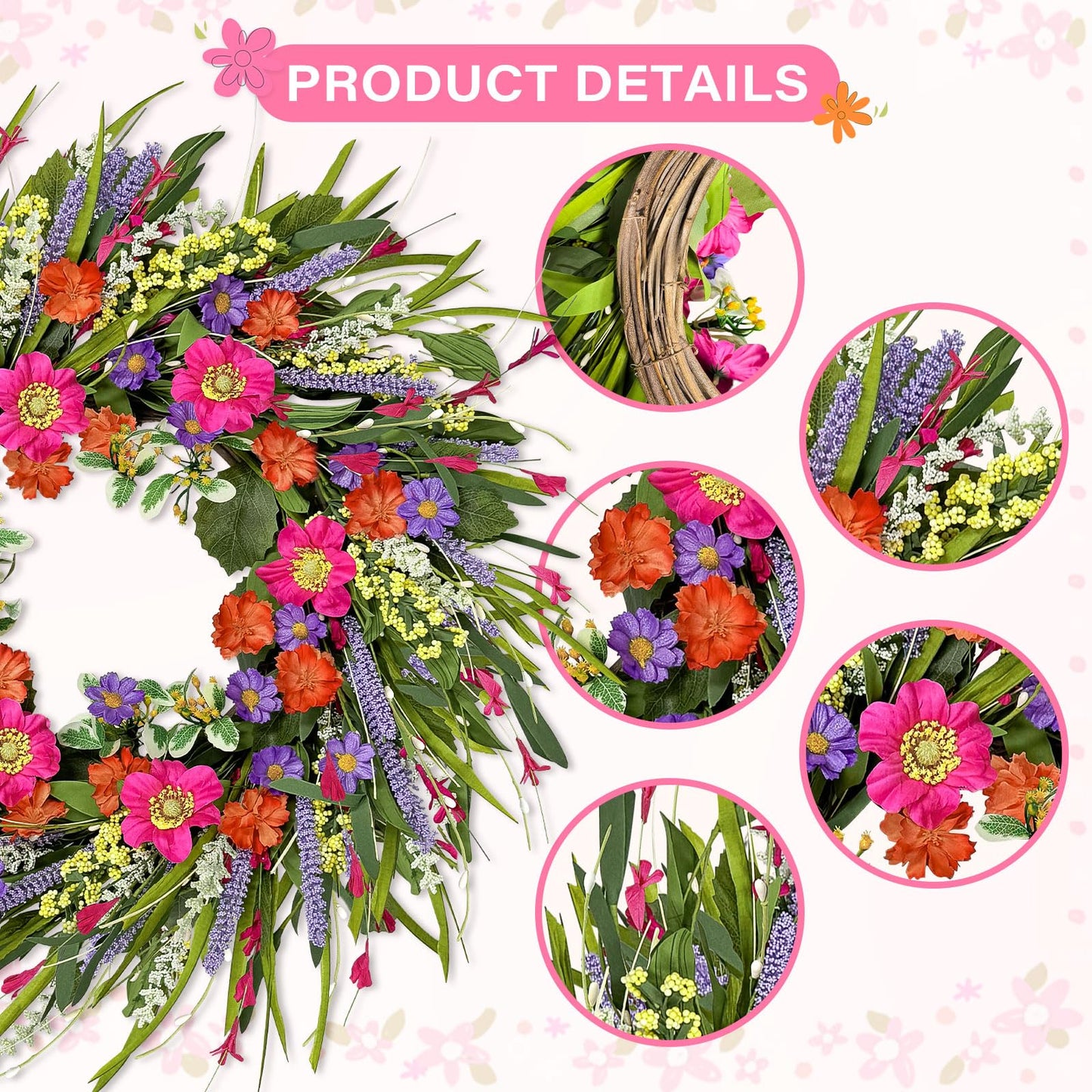 Spring Wreaths for Front Door 24 Inch with Vibrant Lavender and Daisy, Large Spring & Summer Wreath for Door Outside, Year Round Farmhouse Wedding Window Wall Decor, Housewarming Gift