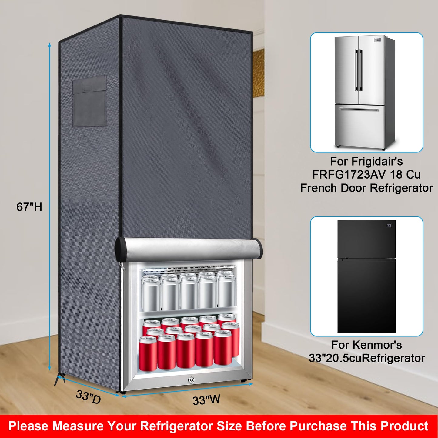 Coldairsoap Outdoor Refrigerator Cover Outdoor Dustproof Freezer Covers for Protecting Upright Freezers/Beverage Refrigerator Compact 3.0 Cubic Foot Freezer Covers Outdoor (Silver, 33" x 33" x 67")