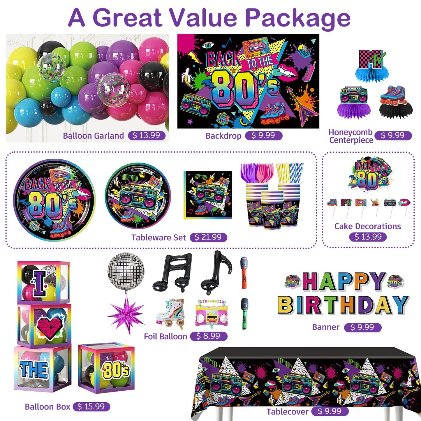 277pcs 80s Party Decorations Serves 25, All-in-one Set with Back To The 80's Backdrop Tableware Balloon Arch Tablecloth Balloon Box Cupcake Topper Table Decor, Etc. for 80s Party Decorations