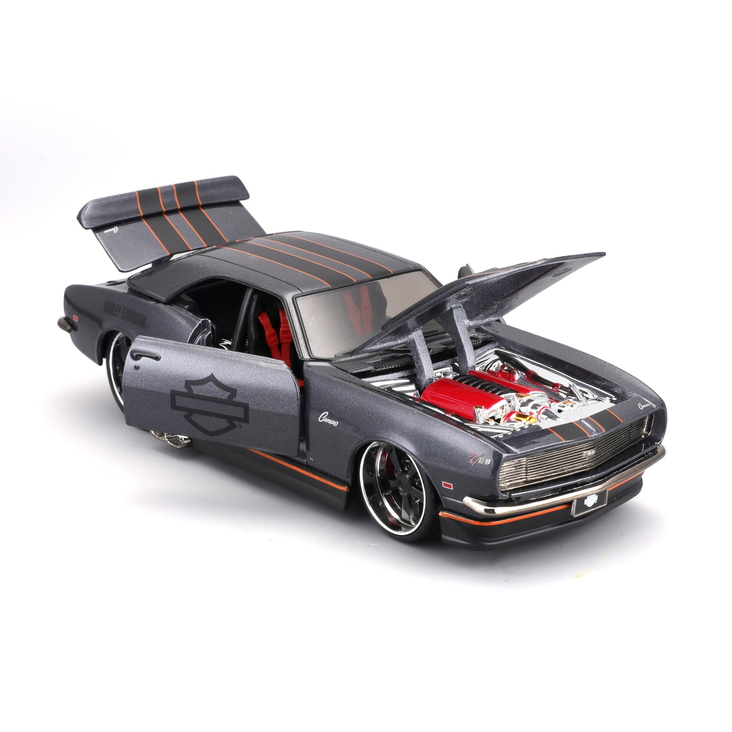 Maisto 1968 Chevrolet Camaro Z/28 Dark Gray Metallic with Black and Orange Stripes Harley Davidson H-D Custom 1/24 Diecast Model Car